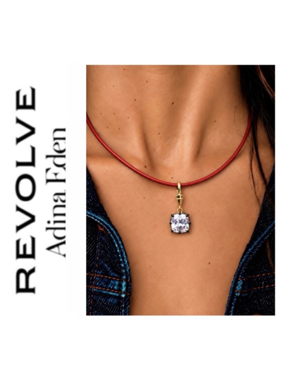 Adina Eden Red Faux Leather Cord & CZ Black Rhodium Square Pendant Choker
